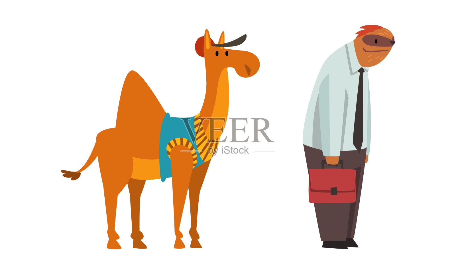 不同职业的拟人化动物——带公文包的西装树懒和带帽子的骆驼矢量集插画图片素材