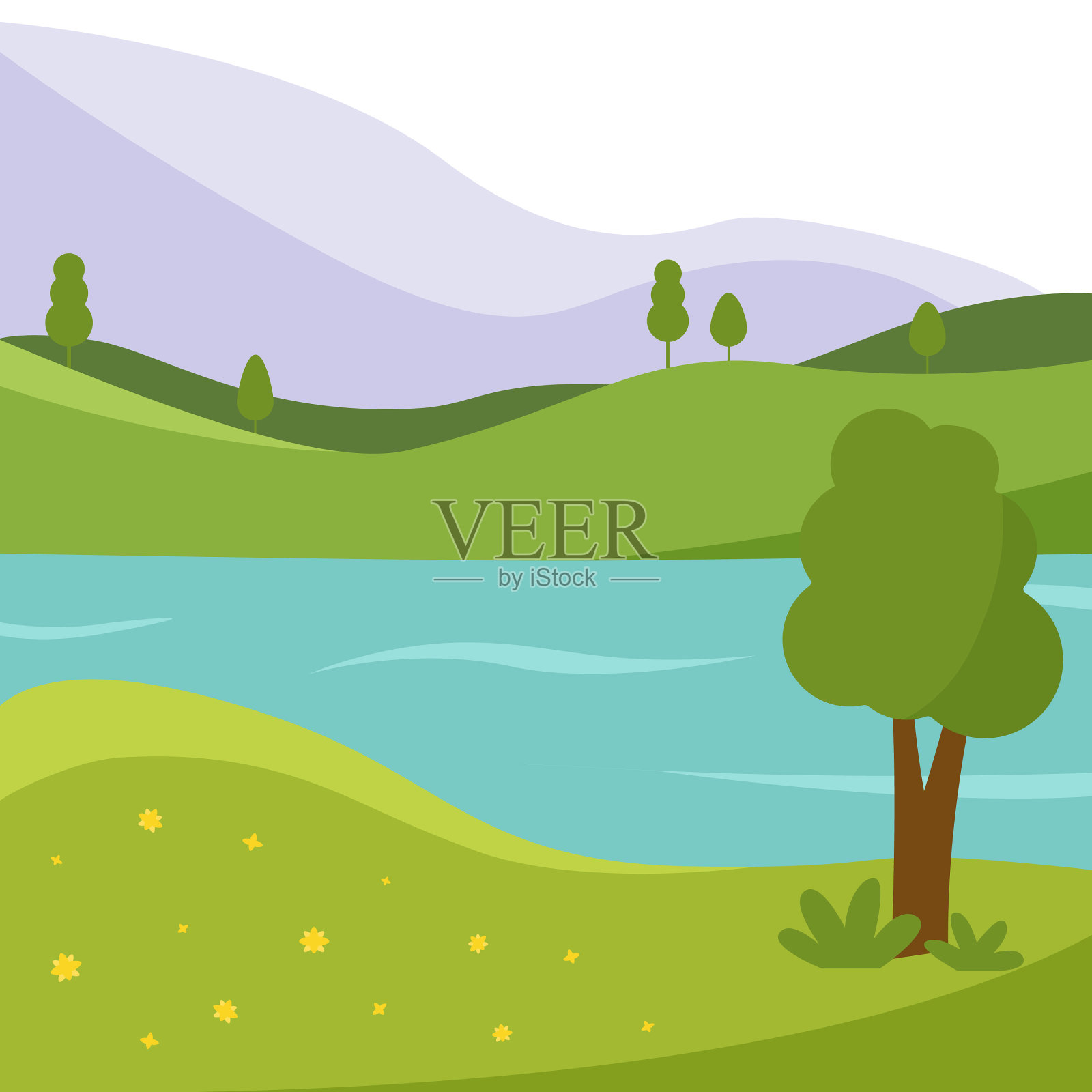 绿色的景观有山，树和湖插画图片素材