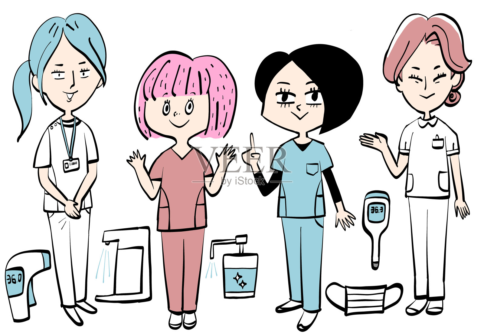 各种姿势的护士和医疗设备插画图片素材