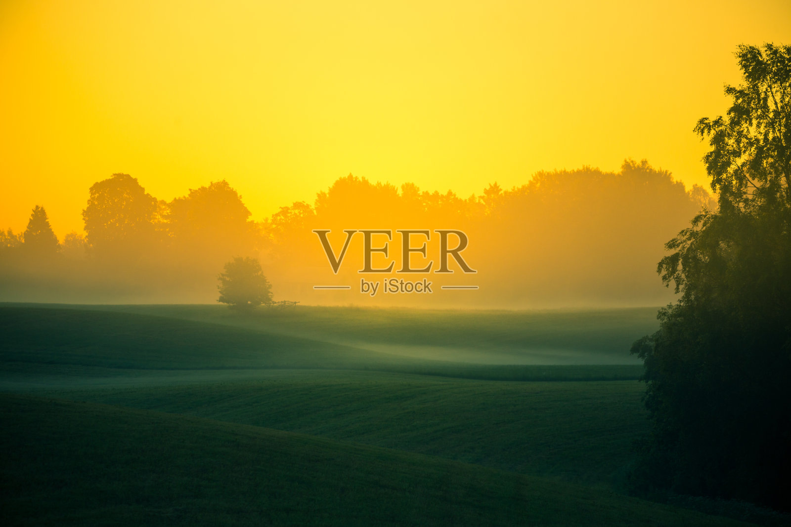 这是一幅极简主义的风景画，画的是在遥远的地平线上，一个朦胧的夏日日出。照片摄影图片