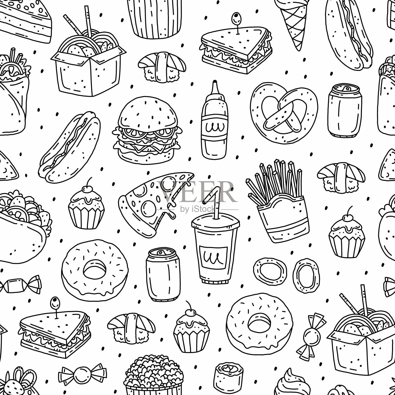 无缝图案与快餐黑白涂鸦风格。插图背景与垃圾食品。插画图片素材