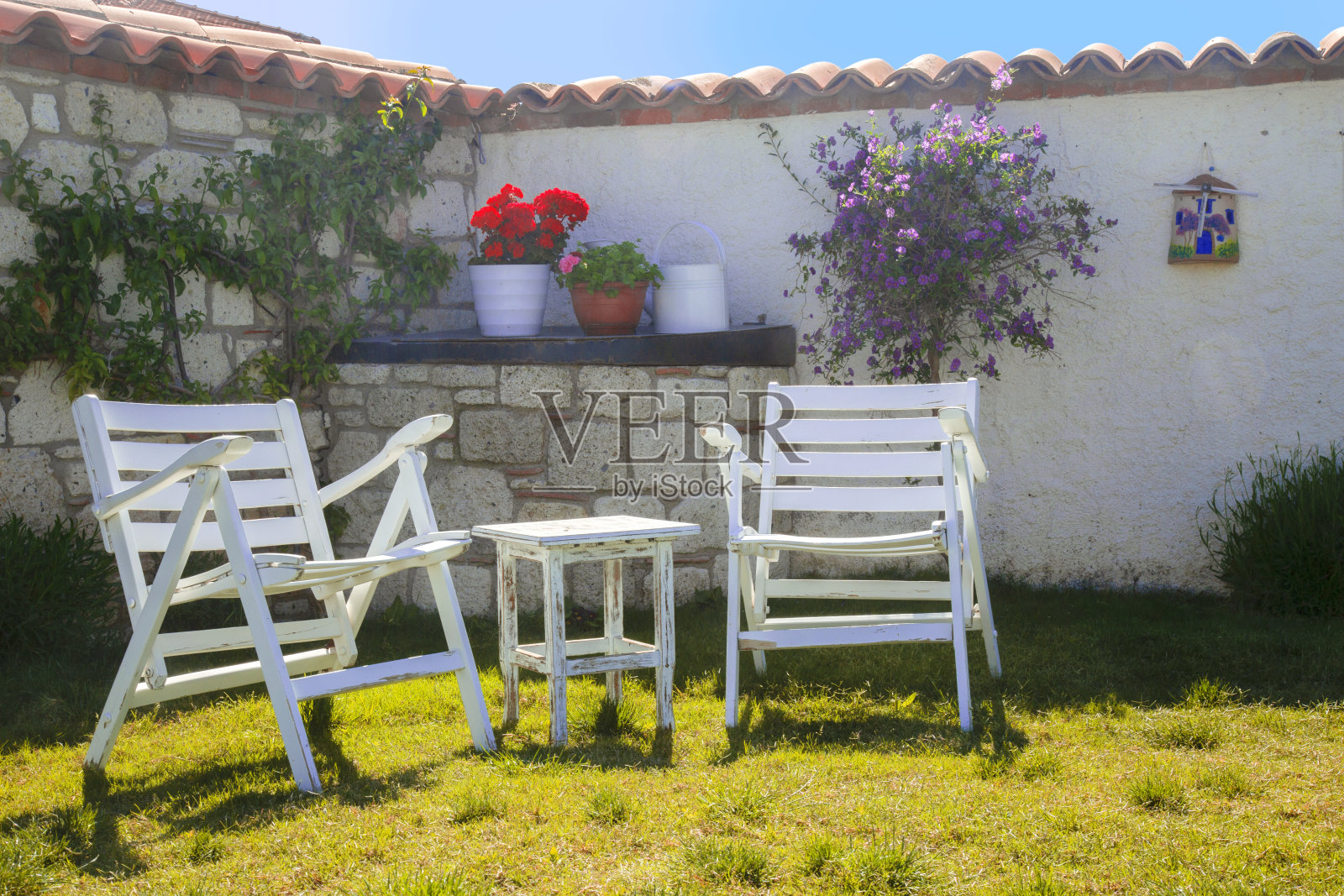 后院的花园桌椅照片摄影图片