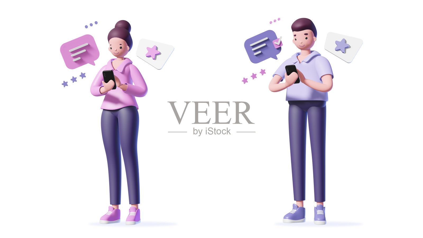 3d男人和女人与智能手机和语音泡泡的插图照片摄影图片