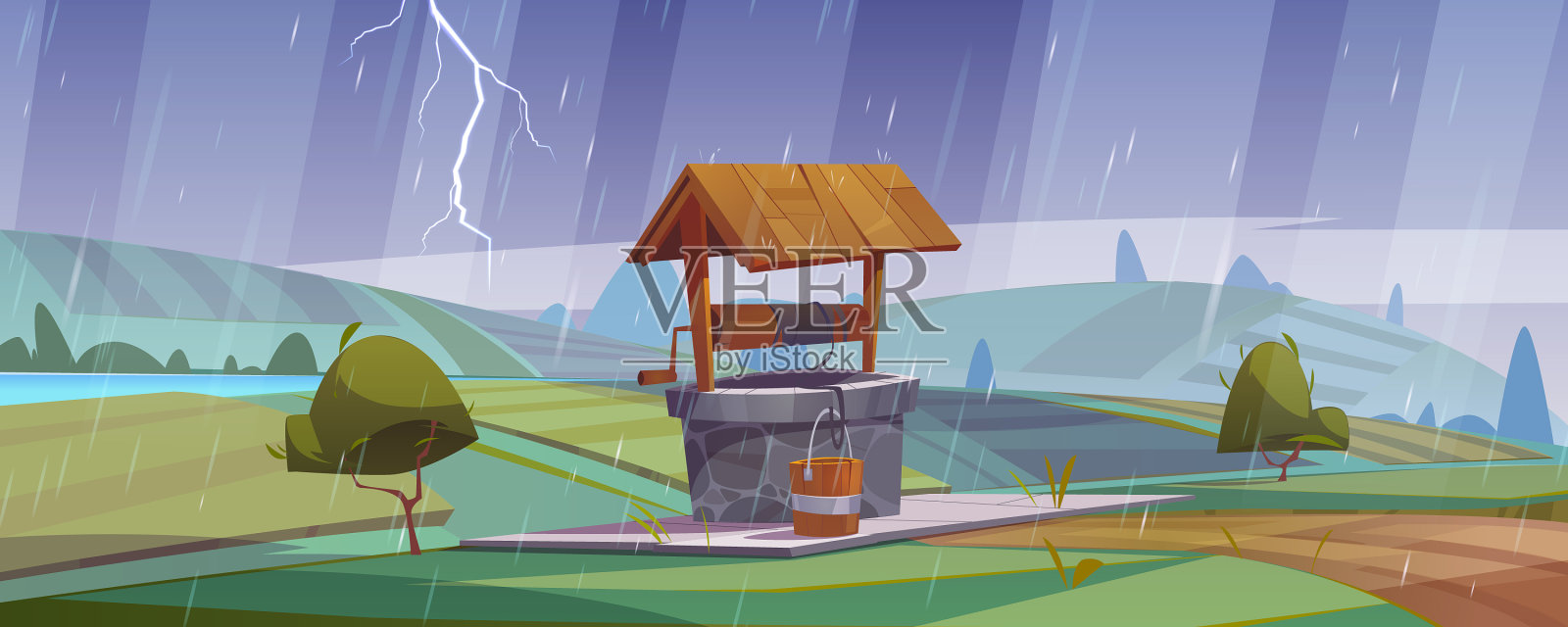 卡通景观用石井和雨插画图片素材