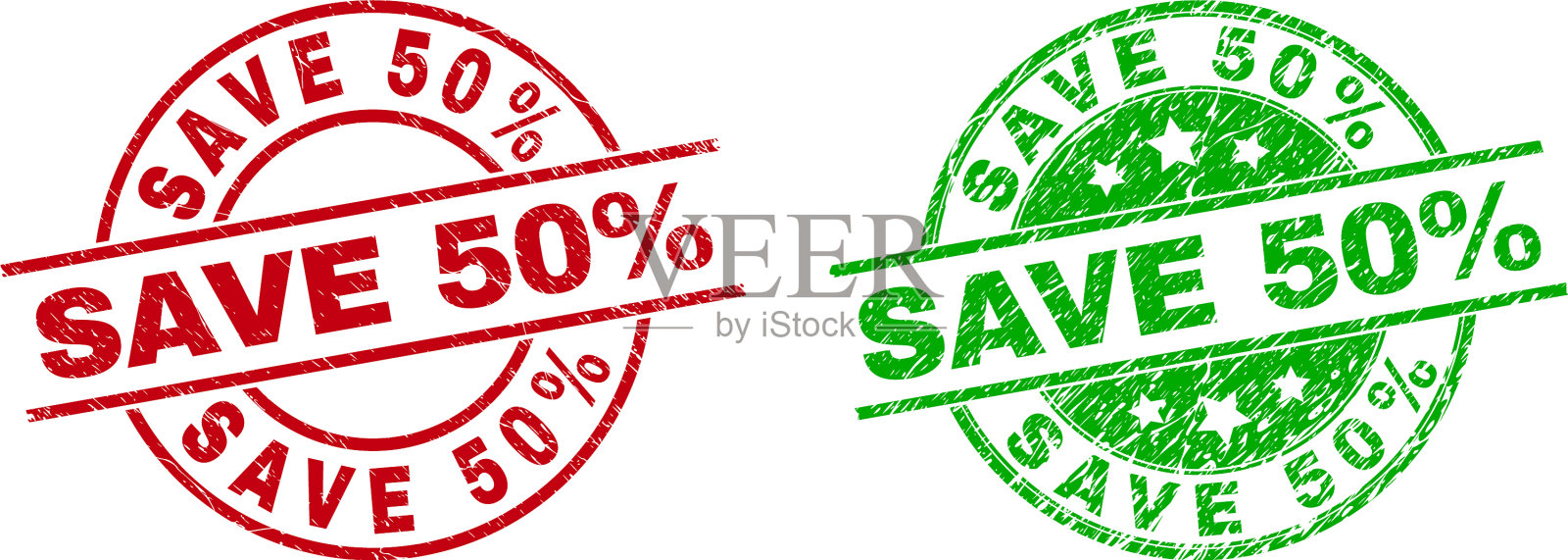 节省50%圆形徽章与grunged风格设计元素图片