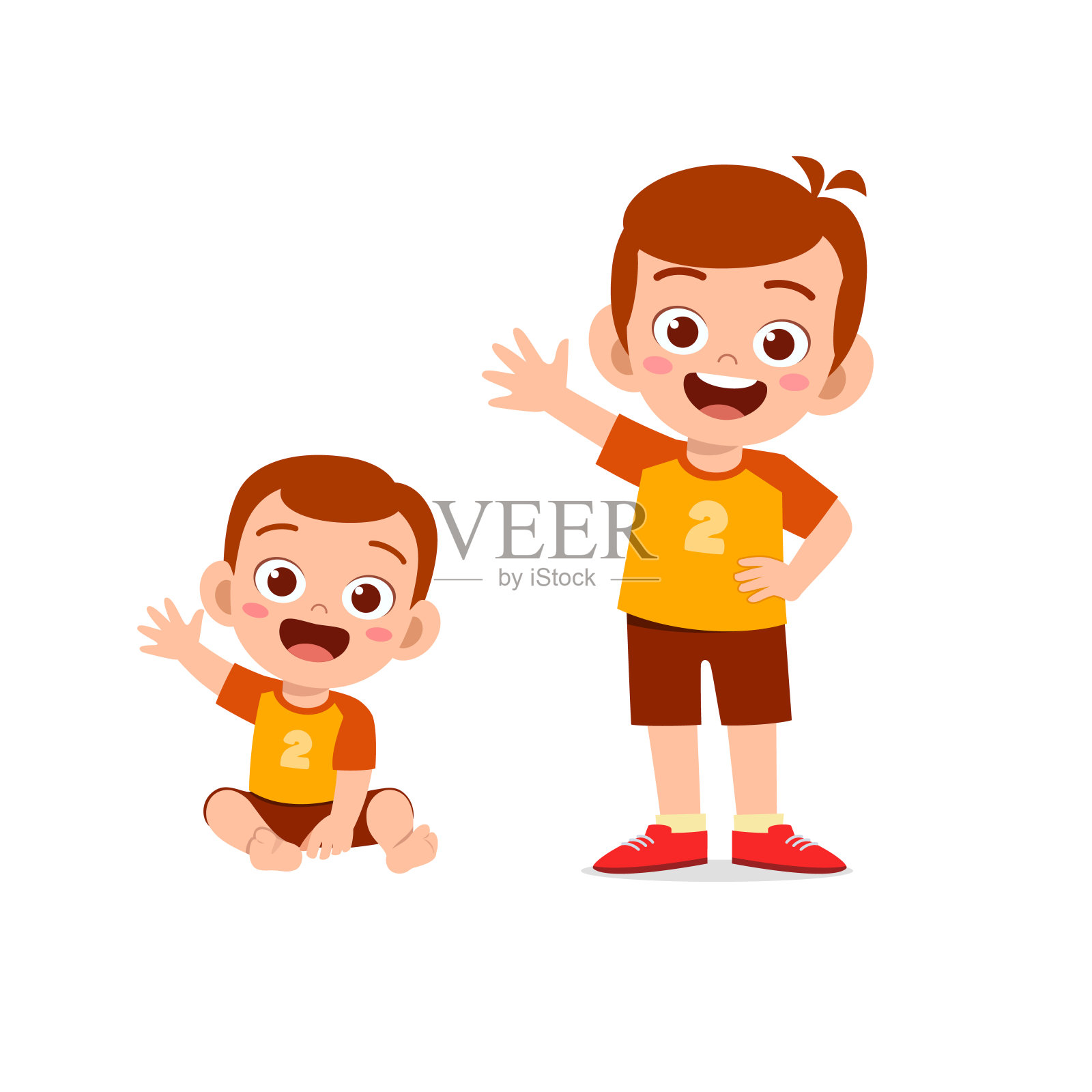 可爱的小男孩和弟弟打招呼插画图片素材