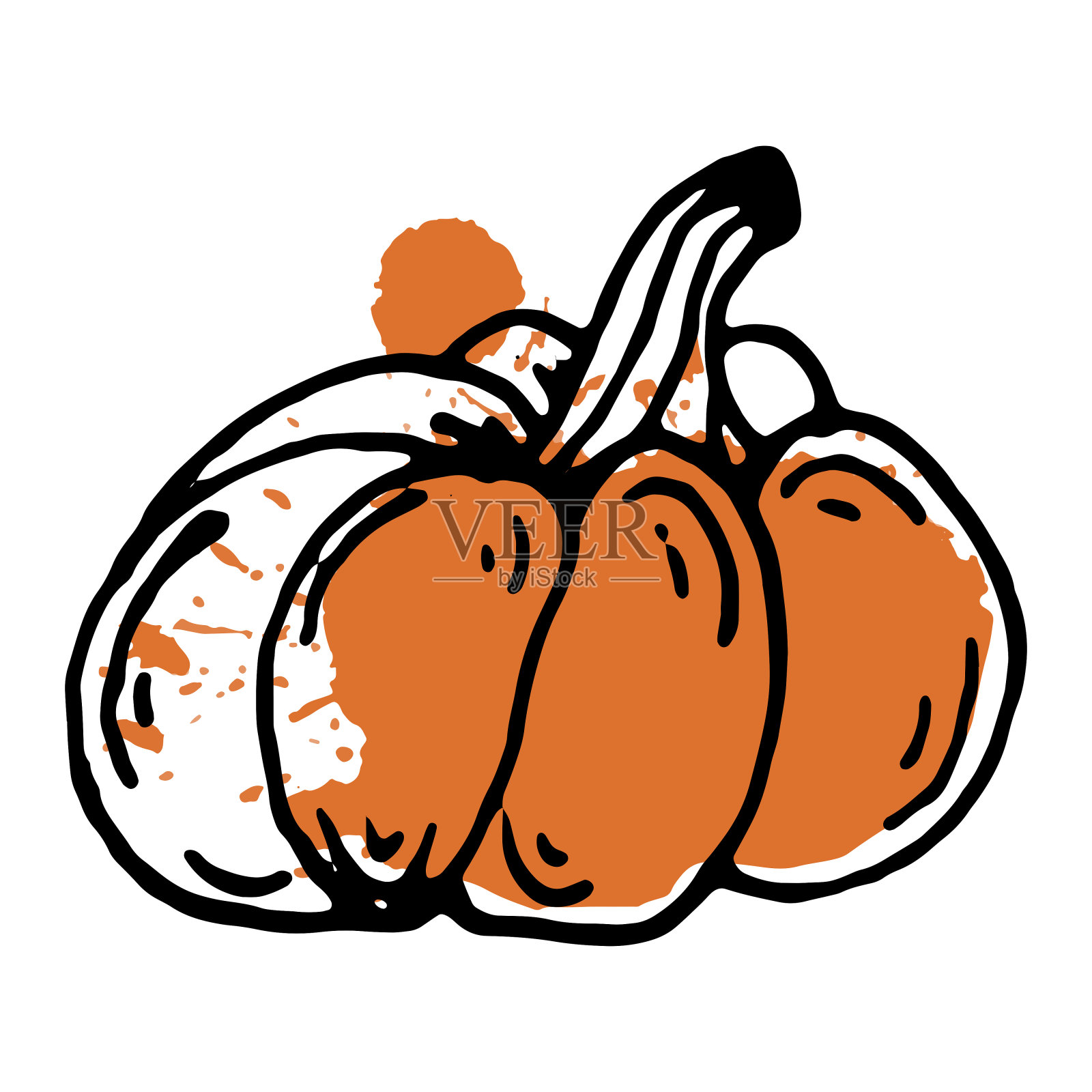 南瓜矢量图标。手绘涂鸦。黑色细长的蔬菜轮廓，上面有一个橙色的斑点。抽象滴线艺术。食物的草图。万圣节的象征。平的风格。在白色背景上隔离插画图片素材