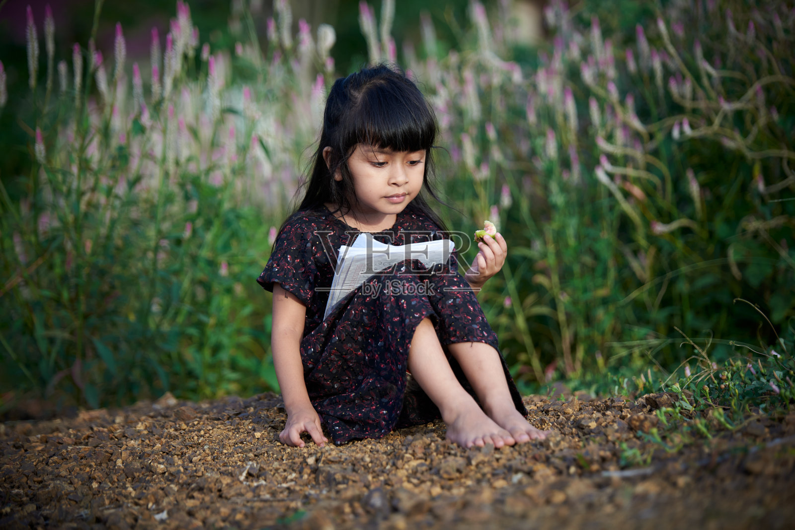 小女孩在公园边看书边吃水果照片摄影图片