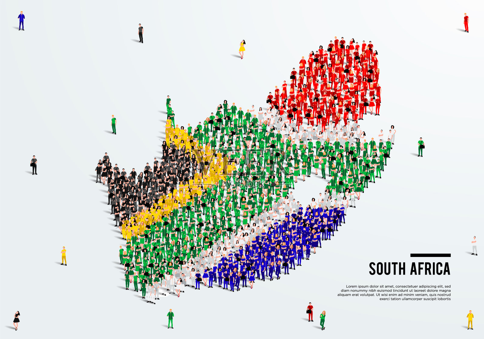 南非地图和国旗。一大群人用南非国旗颜色的形式来创建地图。矢量插图。插画图片素材