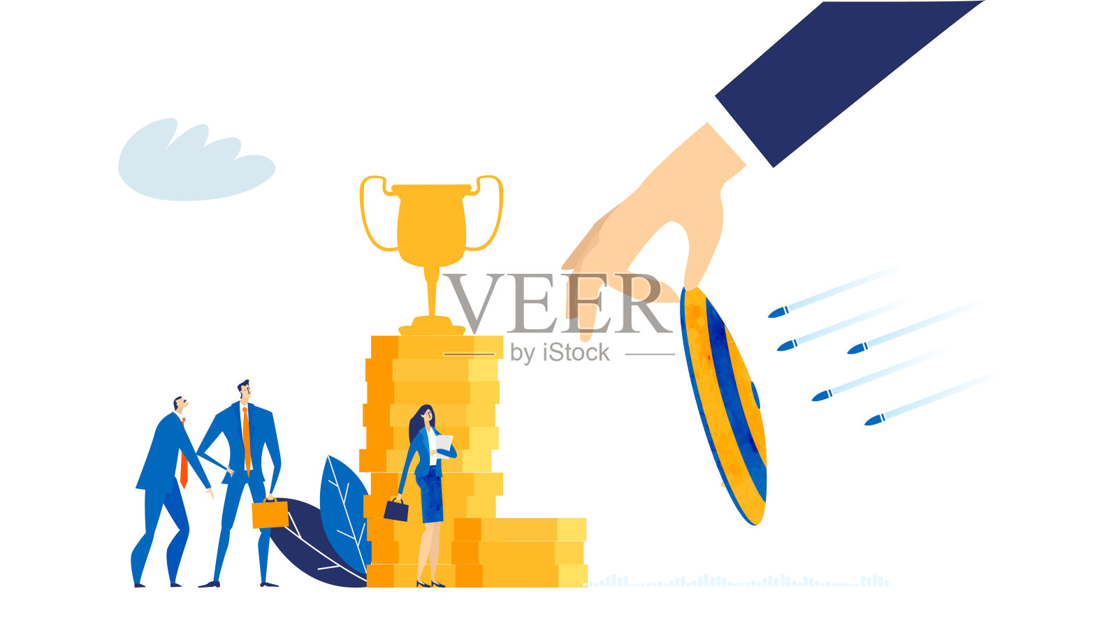 商人站在金币旁边。有盾牌保护的生意。银行，经济，投资，储蓄理念。业务概念说明插画图片素材