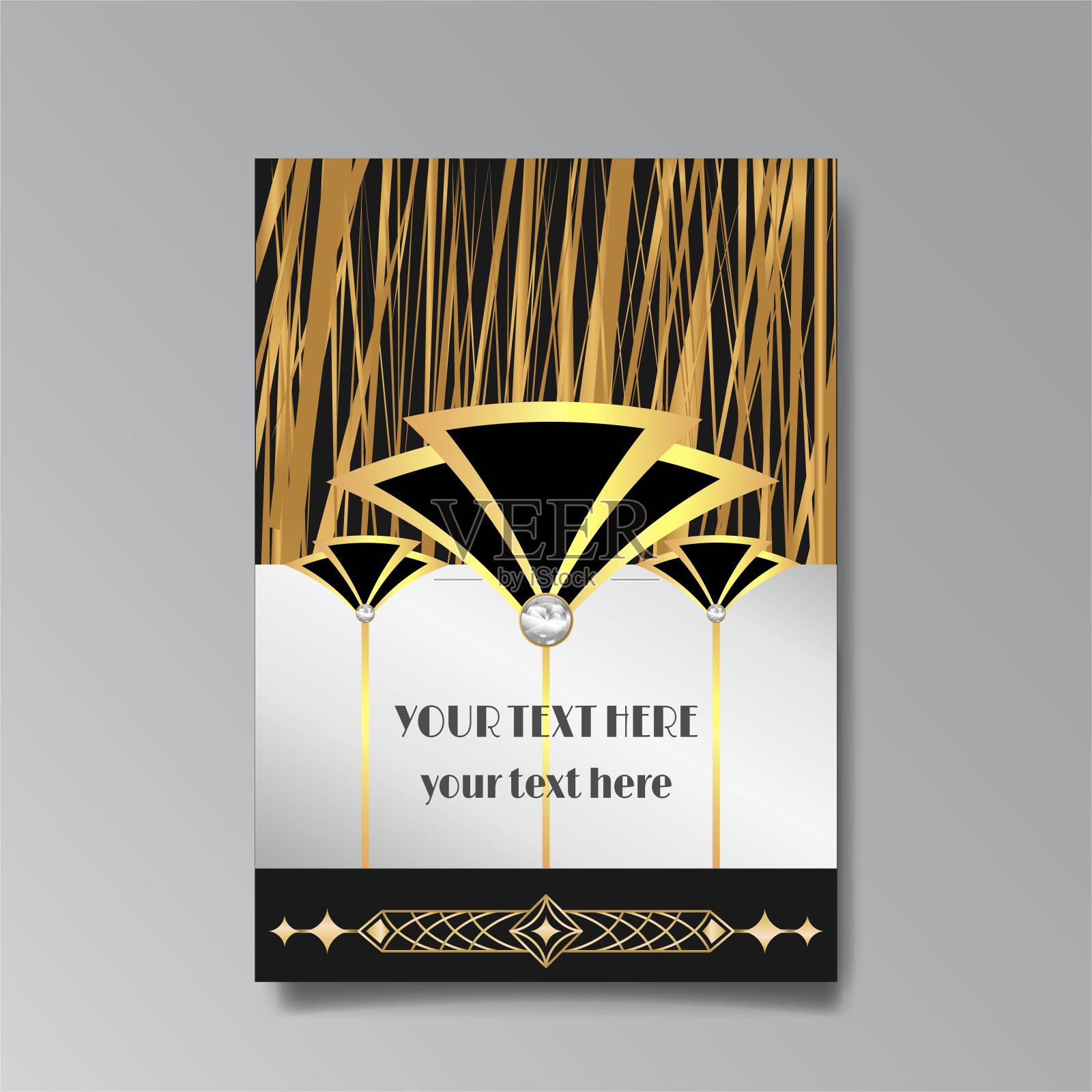 装饰艺术模板金色黑色，A4页，菜单，卡片，现代邀请，月亮的星星和城市灯光装饰艺术设计模板素材