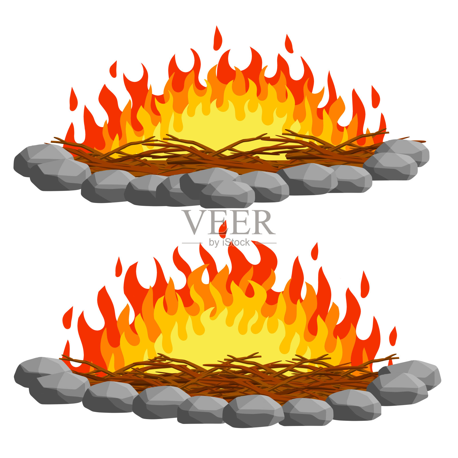 红色的篝火。橙色的火焰。旅游篝火。徒步旅行的元素。热和热的物体。火衬着石头。卡通平面插图设计元素图片