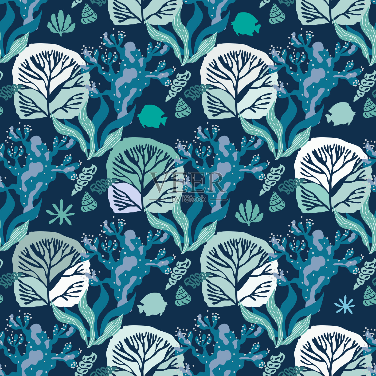 水下海洋植物无缝图案有海藻、珊瑚、海藻和海贝、水母、鱼类插画图片素材