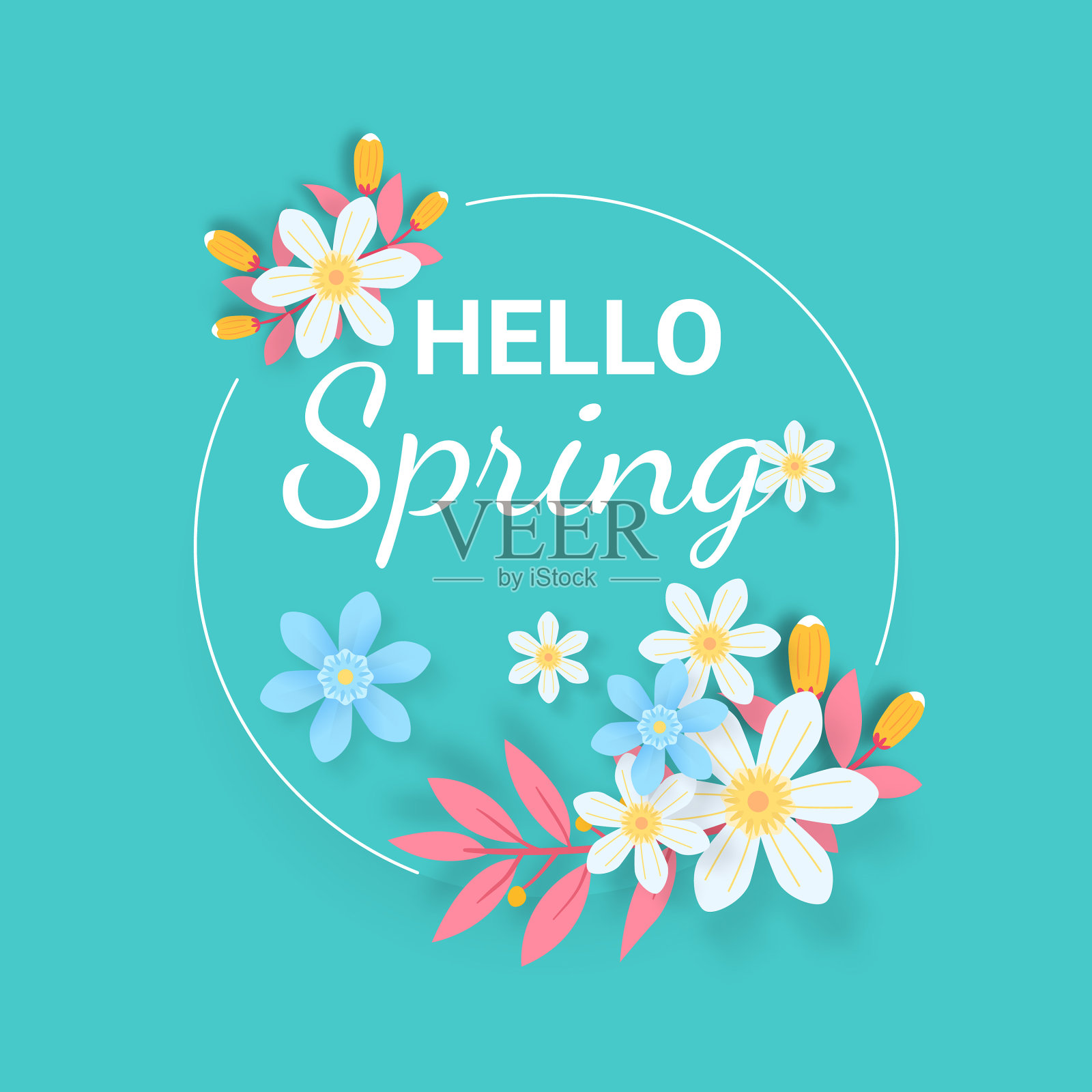 你好春天的贺卡与鲜花插画图片素材