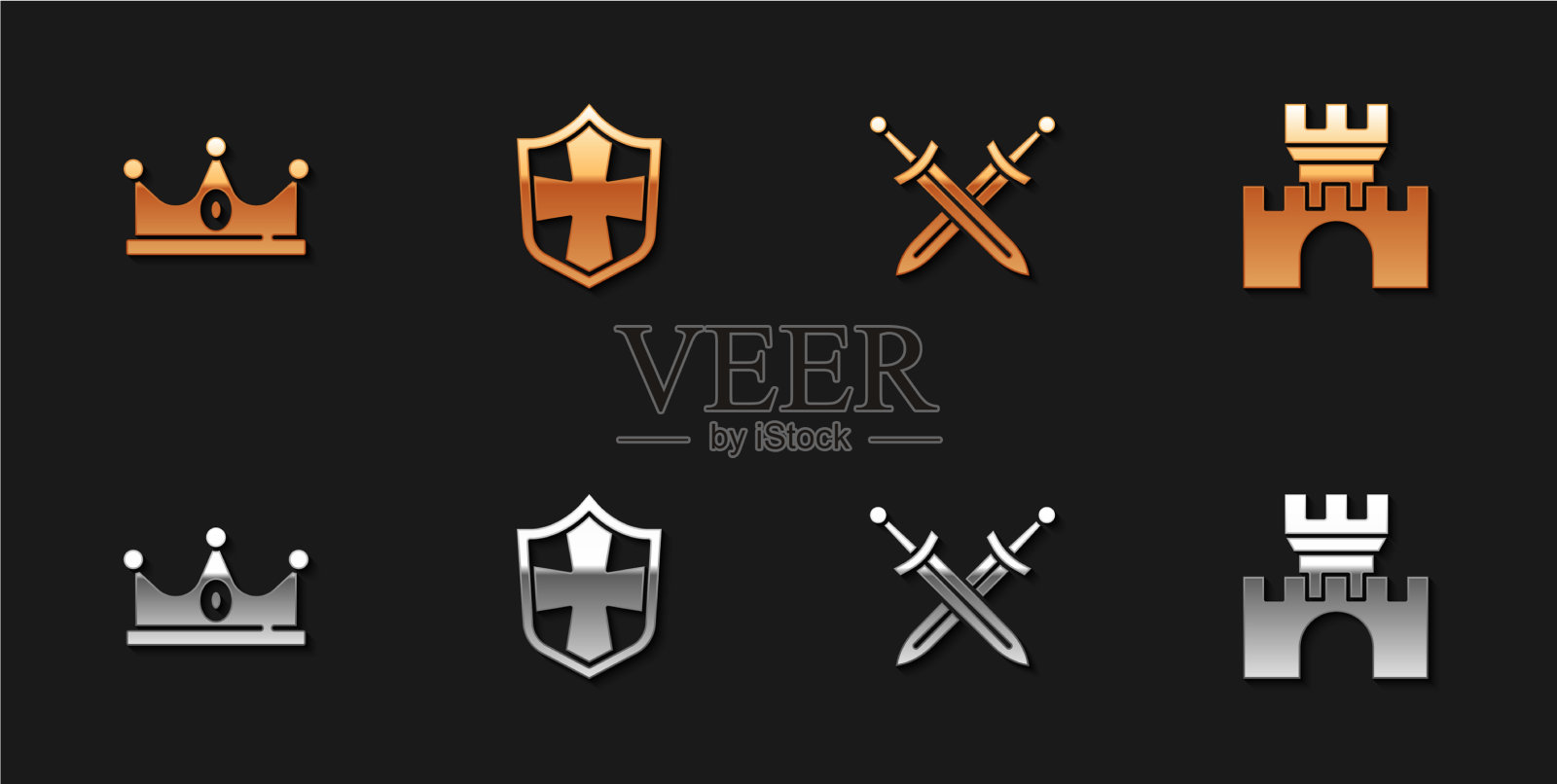 设置国王王冠盾牌交叉中世纪剑和图标素材