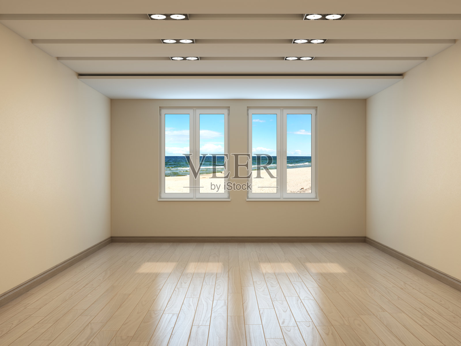 空的米色内饰，海景，两扇窗户，光拼花和带有windows工作路径的底座。3D渲染，7680x5760照片摄影图片