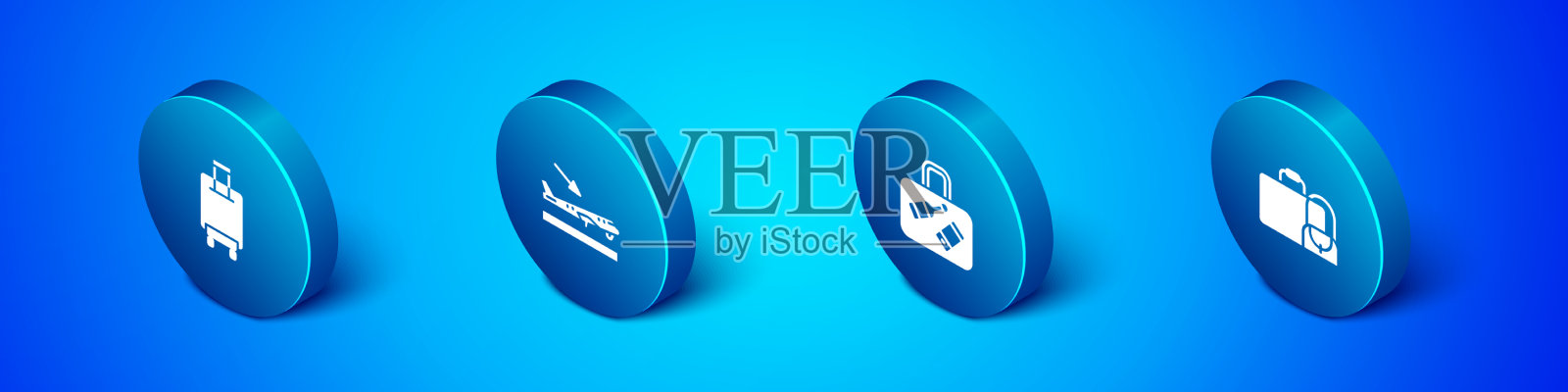 设置等距手提箱和飞机着陆图标图标素材