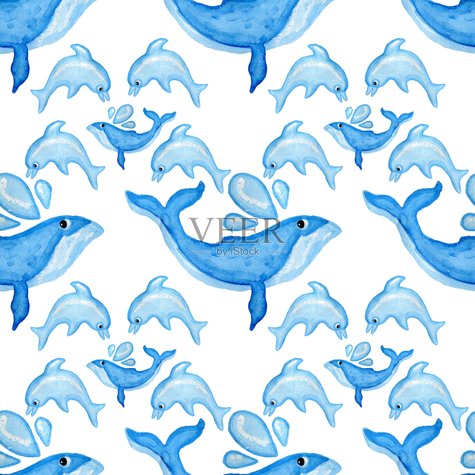 海豚和鲸鱼水彩蓝色白色背景无缝图案插画图片素材