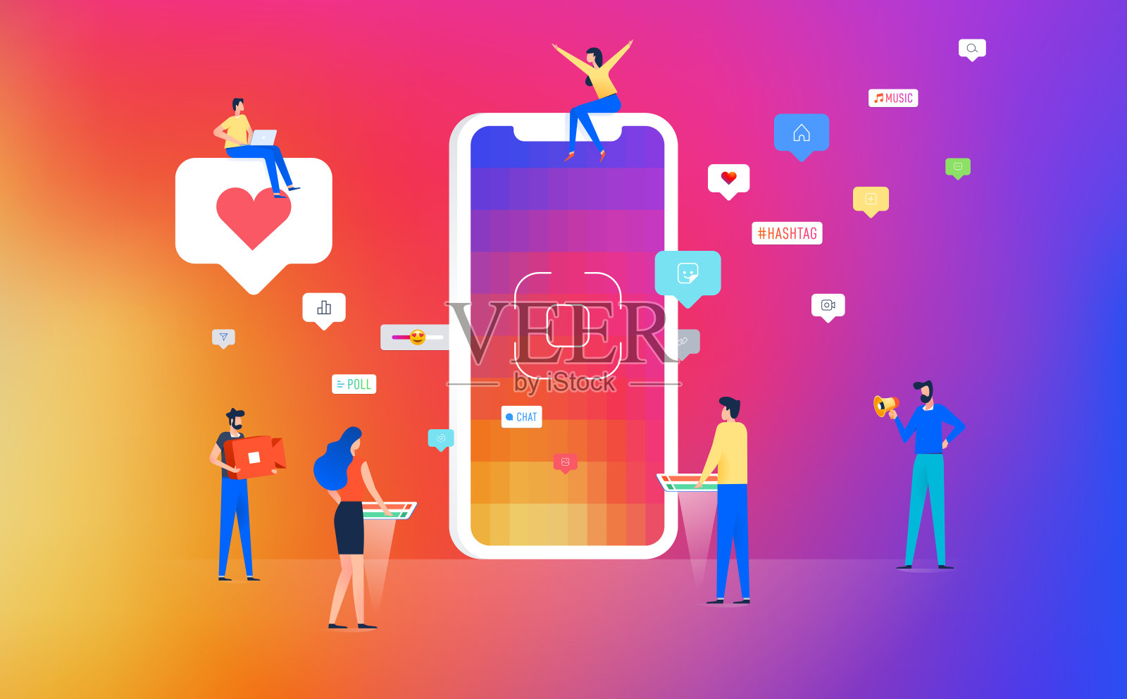 使用社交媒体应用图标的人插画图片素材