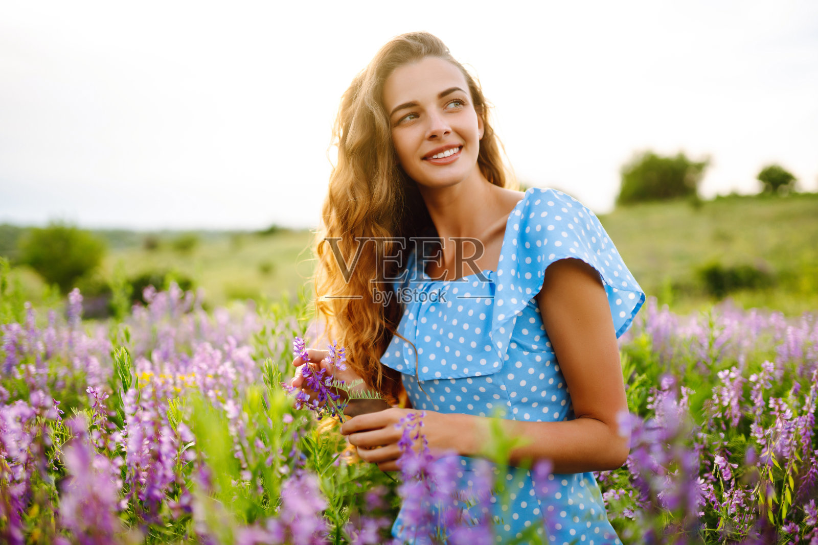 美丽的女人的肖像在一个惊人的盛开的田野。照片摄影图片