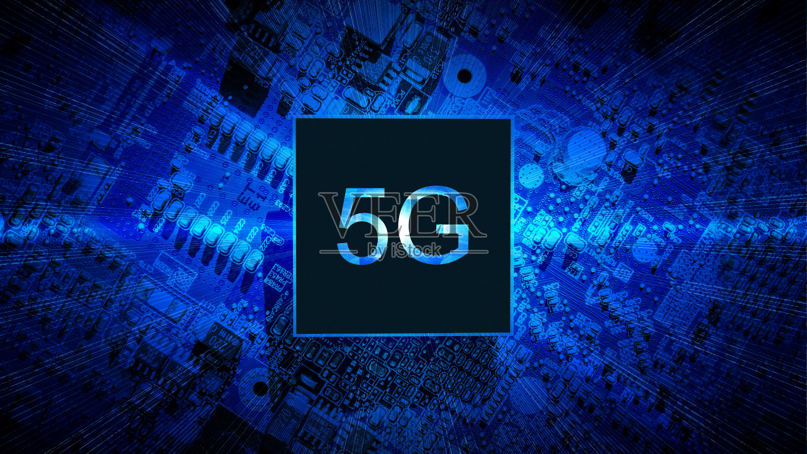 5 g无线。数字电脑主板与5g手机芯片上的无线网络业务技术背景。智慧城市，全球无线通信网络与智能手机连接。照片摄影图片