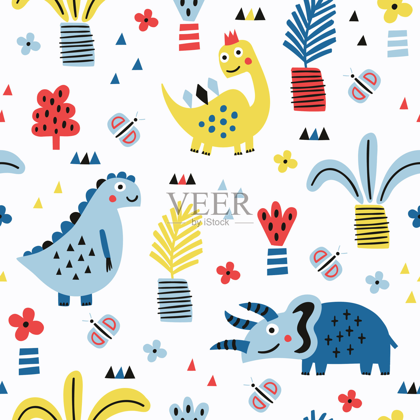 恐龙无缝模式与植物元素插画图片素材