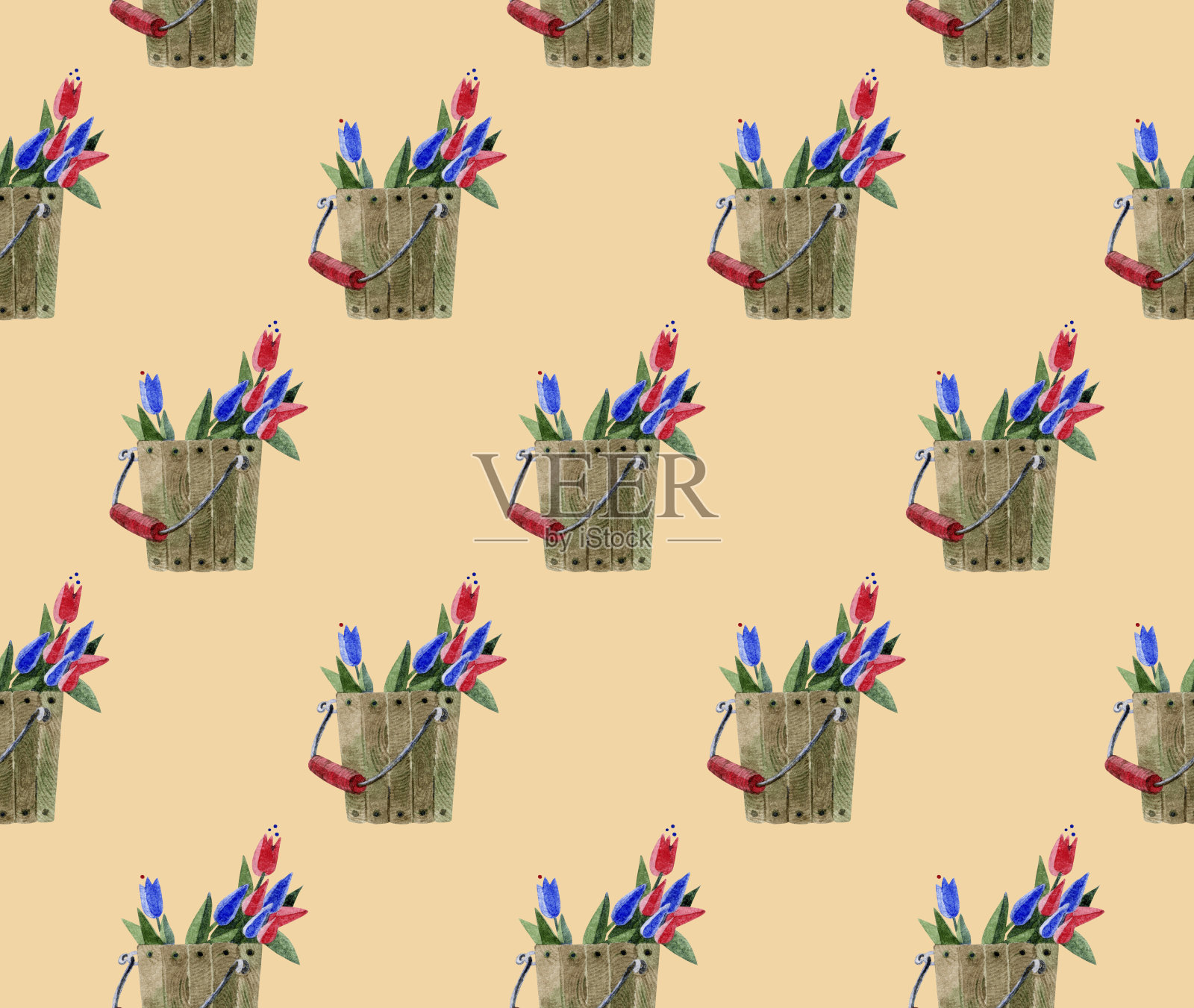 无缝图案的木桶与郁金香。元素的园艺。在橙色背景上手绘水彩插图。用于花卉市场，墙纸，纺织品，剪贴簿，包装。插画图片素材