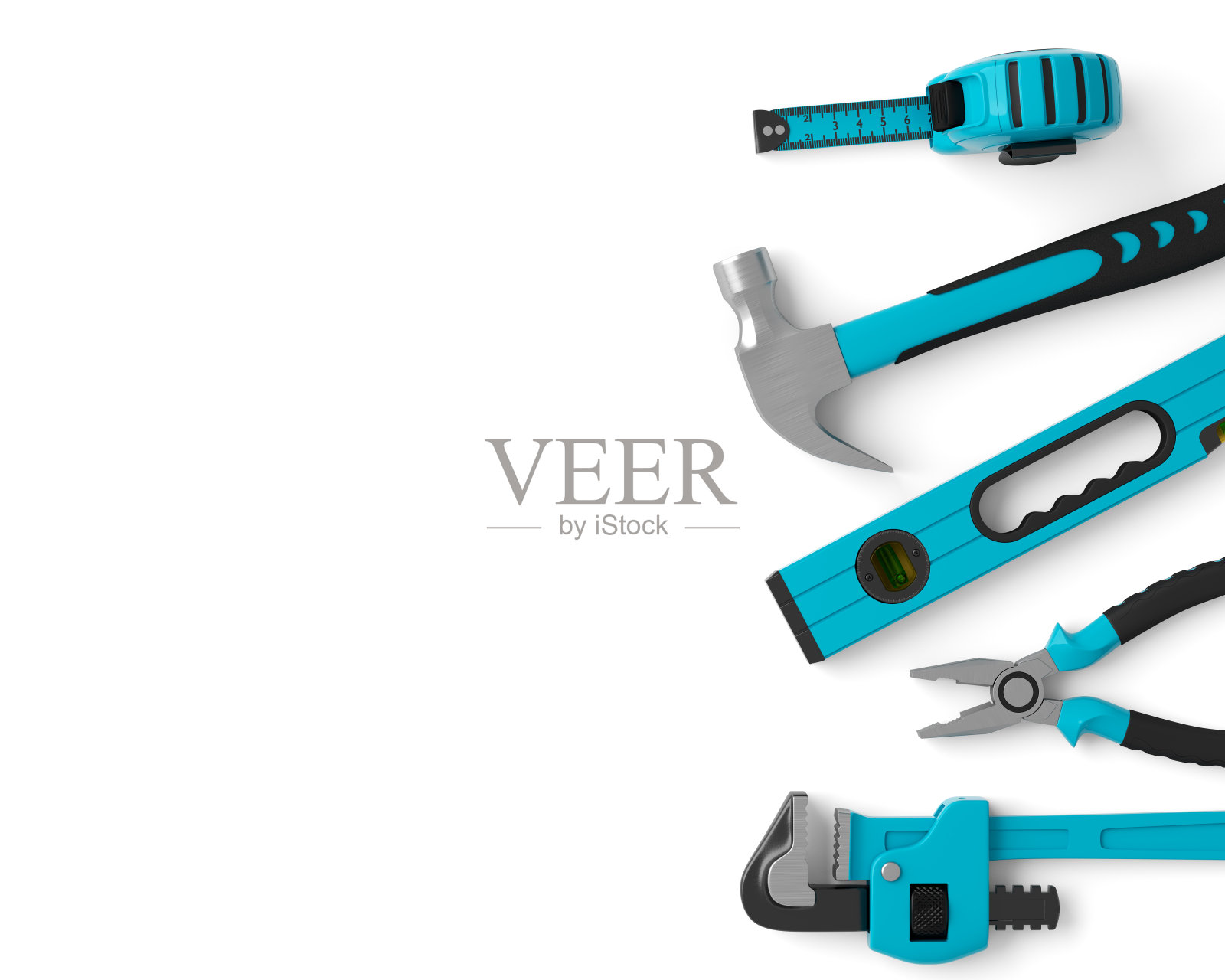 俯视图绿色建筑工具维修和安装在白色照片摄影图片