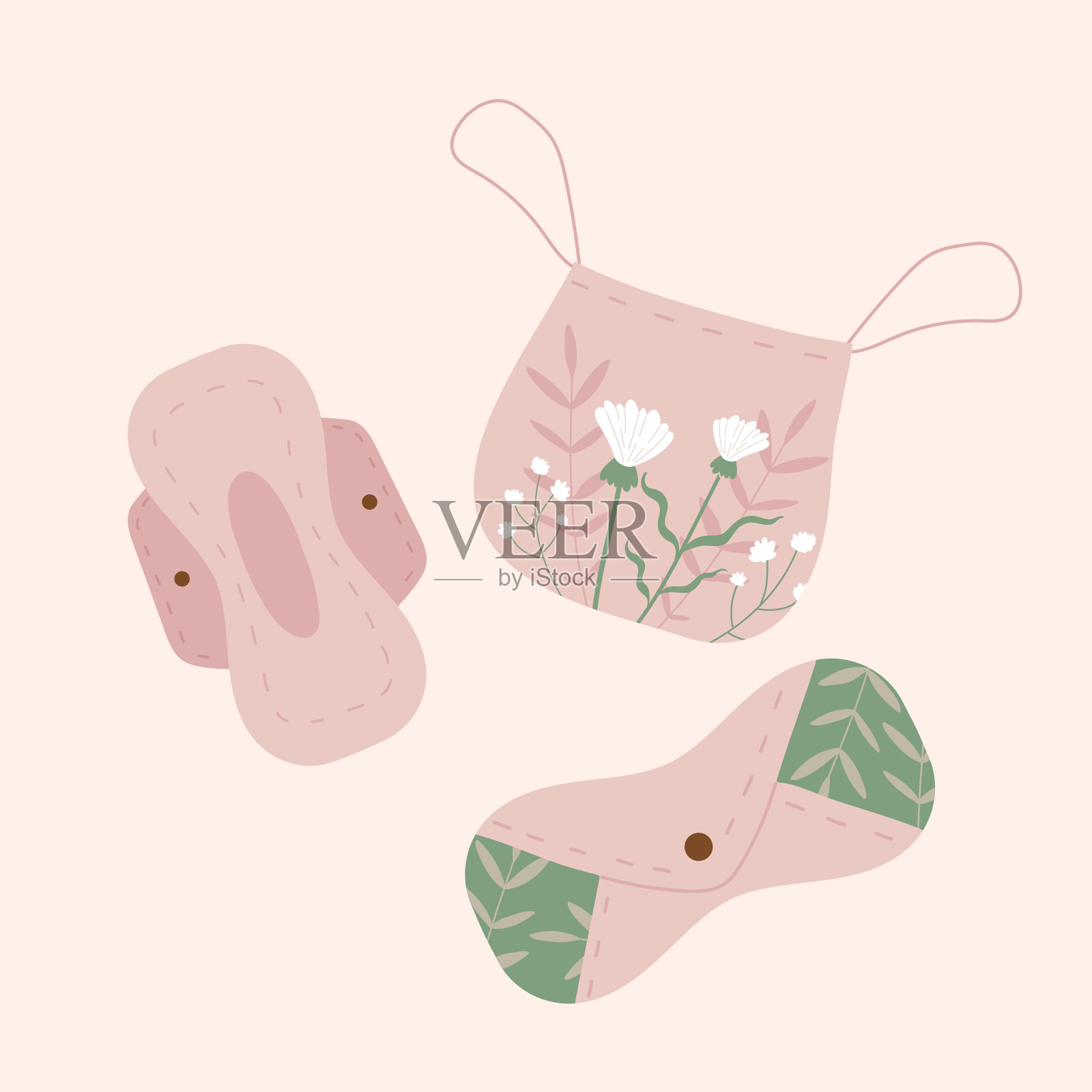 粉色月经杯，布袋。在危急时刻为妇女提供零废物装置。环保，无塑料的概念。平面卡通矢量插图。孤立在白色背景上。插画图片素材