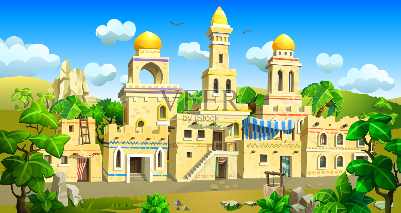 有石屋的阿拉伯城镇，有带圆顶的大寺庙。插画图片素材