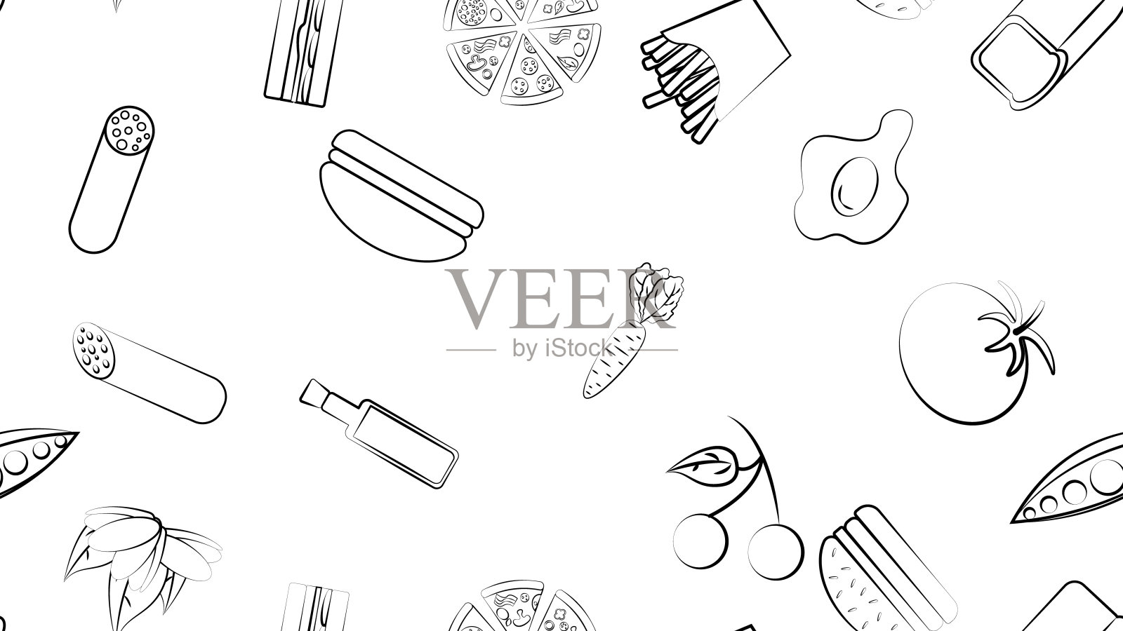 黑白无尽无缝图案的食品和零食图标设置为餐厅酒吧咖啡厅:披萨，香肠，黄油，面包，西红柿，鸡蛋，豌豆，胡萝卜。背景插画图片素材