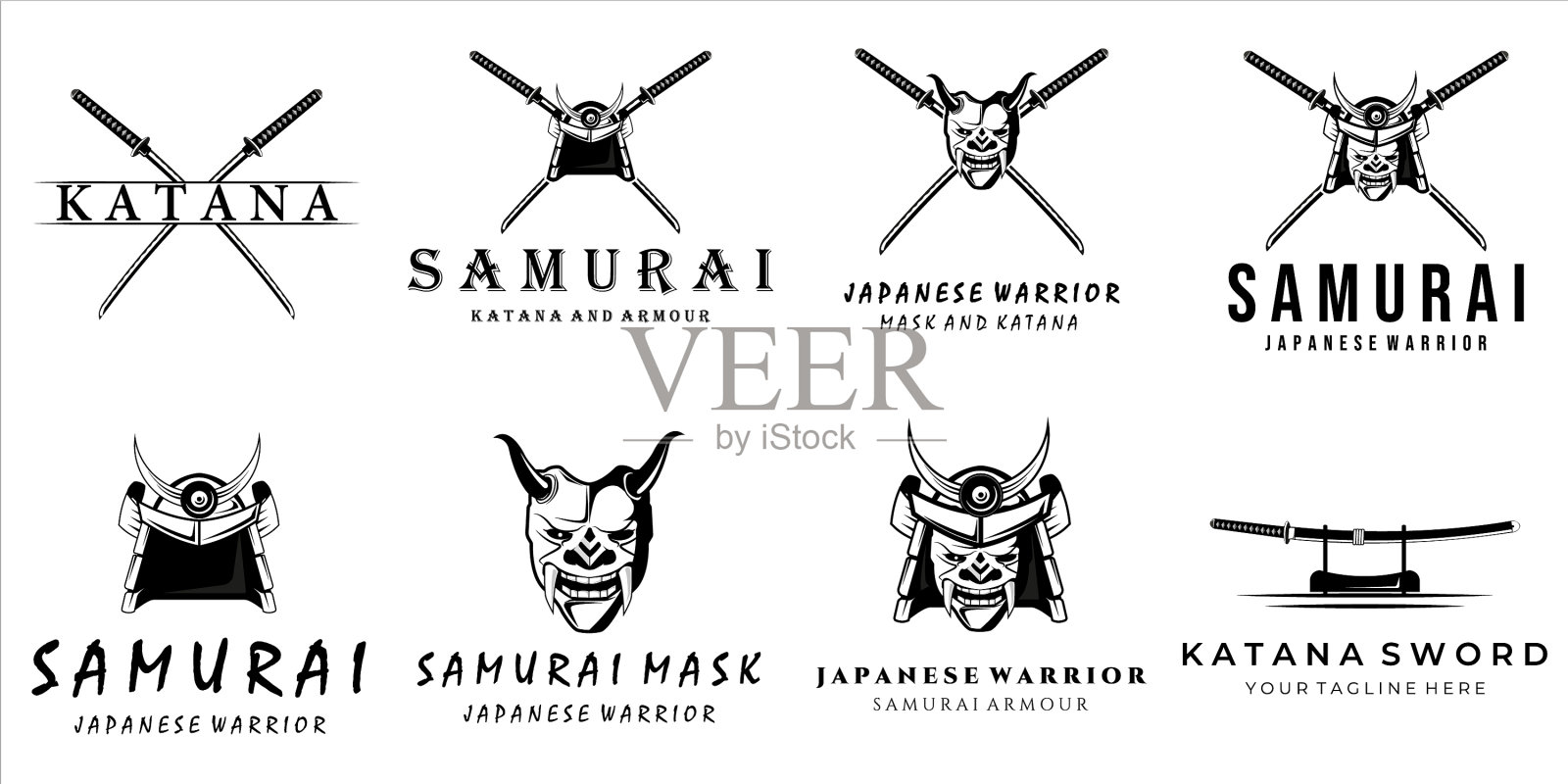 设置武士标志复古模板徽章插画图片素材