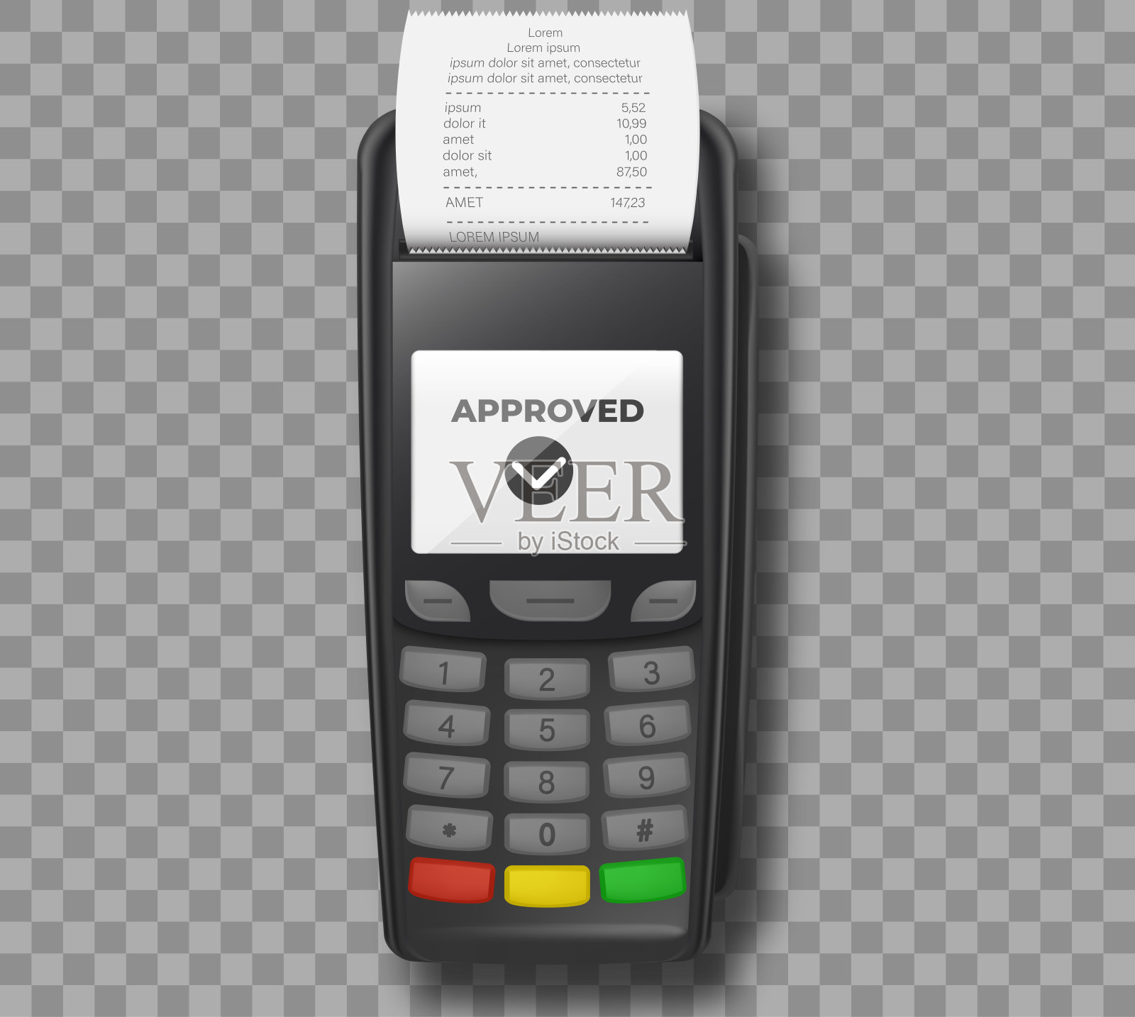 POS终端银行支付终端模型模板设计。NFC支付的概念。POS终端与收据特写隔离。一种非接触或无线购买方式。插画图片素材