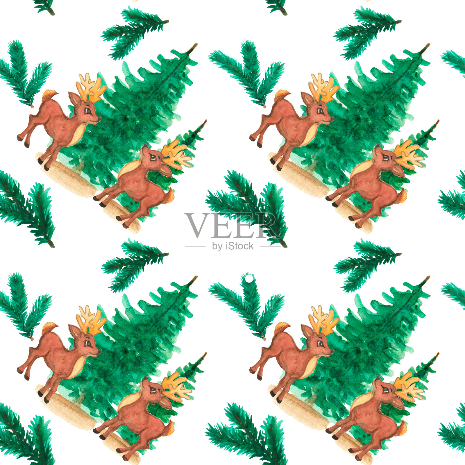 水彩手绘圣诞背景。小鹿。无缝模式与鹿，杉树的背景。新年无缝图案。插画图片素材