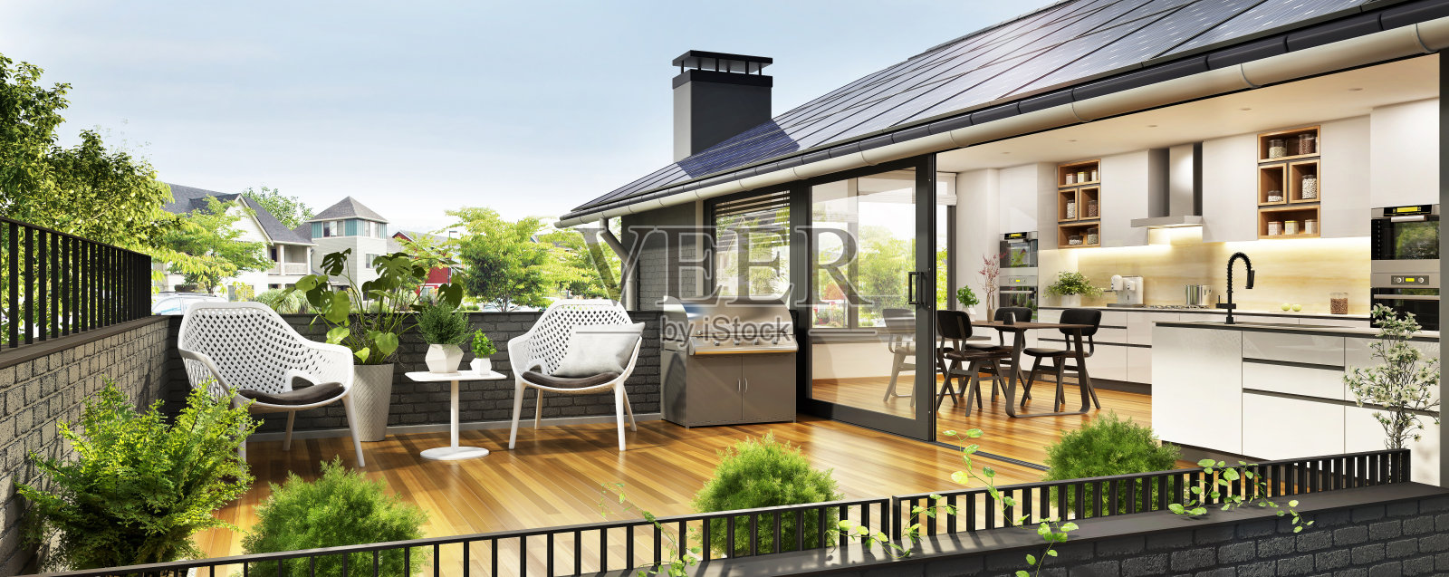 现代住宅屋顶上的太阳能电池板照片摄影图片