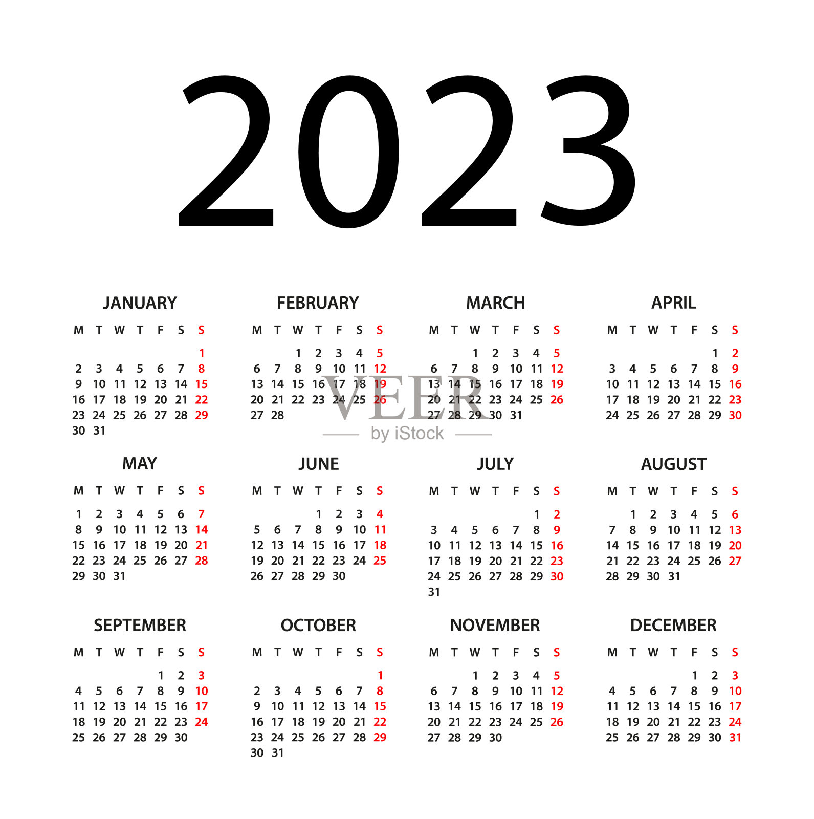 日历2023 -插图。下周一开始。日历设定为2023年设计模板素材