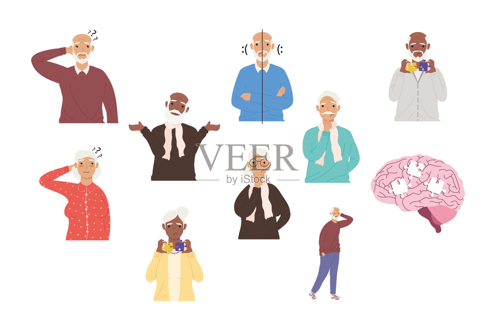 九名老年痴呆症患者插画图片素材