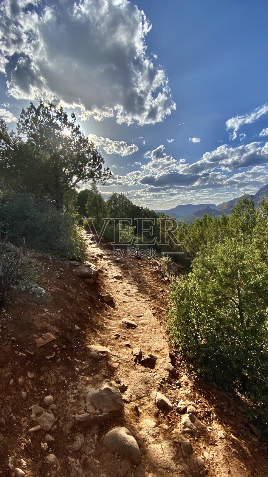 塞多纳山谷的红色岩石——阳光照耀下的小径照片摄影图片