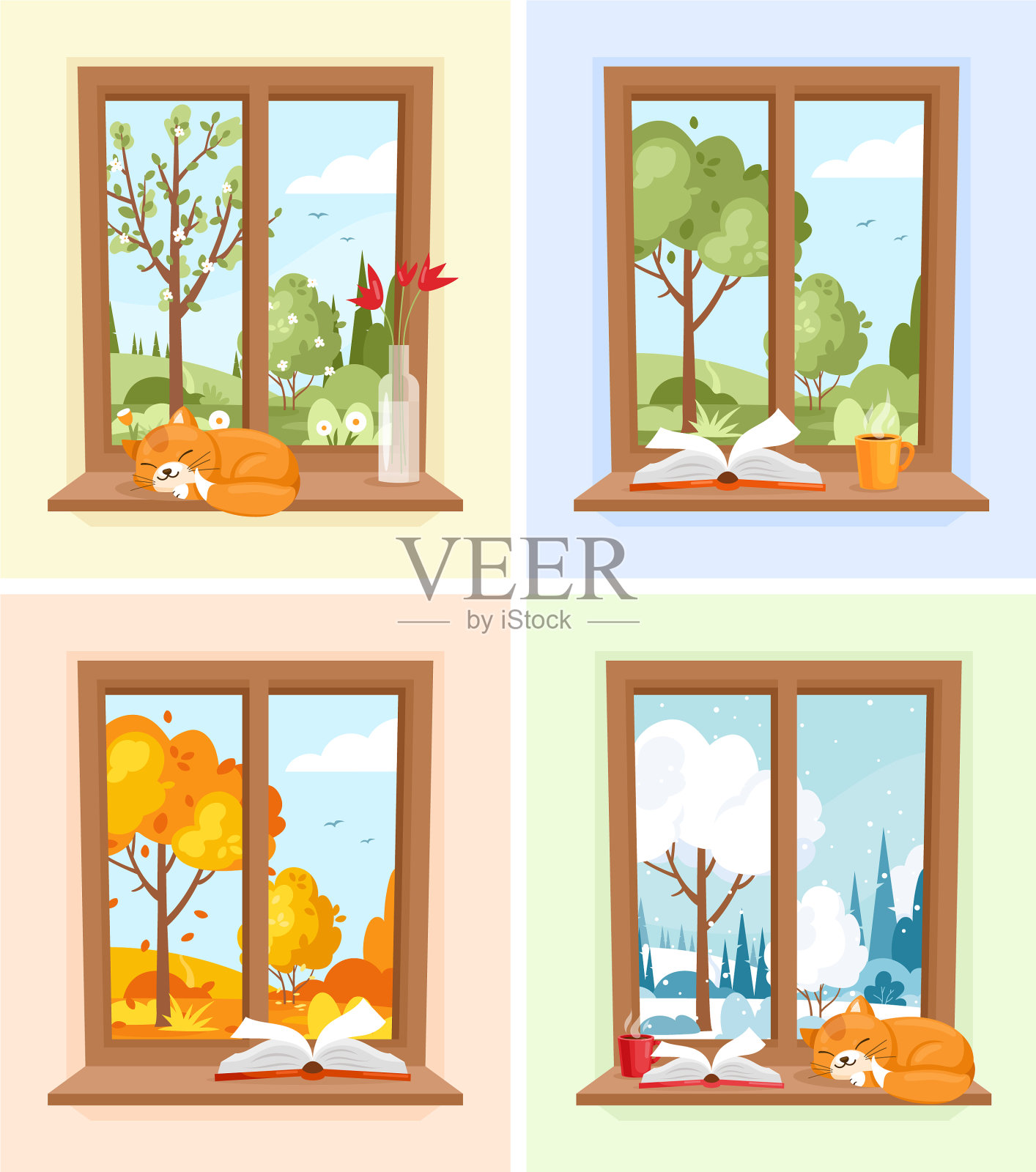 带有季节和天气景观的窗户插画图片素材