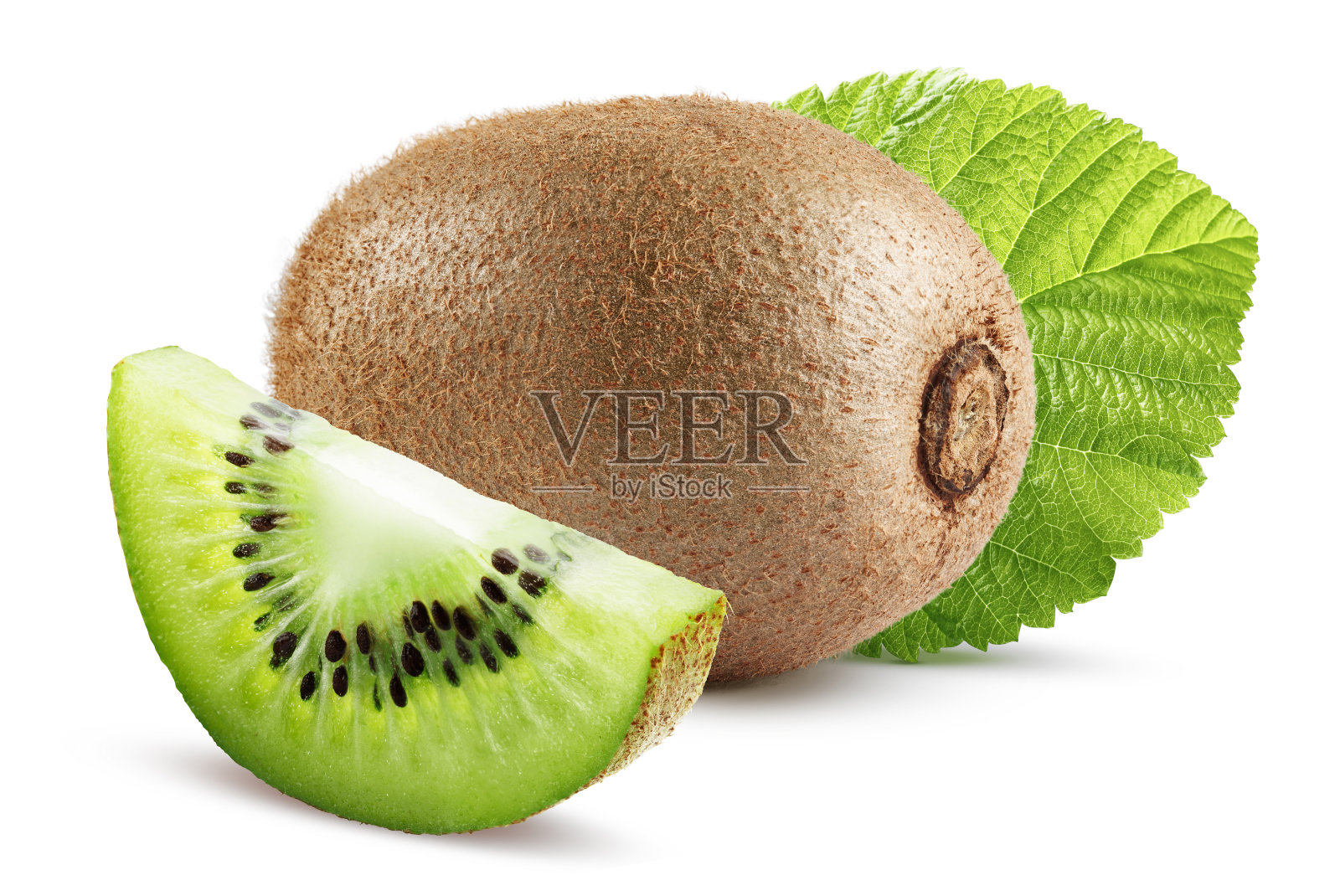 整个猕猴桃，一片叶子孤立在白色的背景上。照片摄影图片