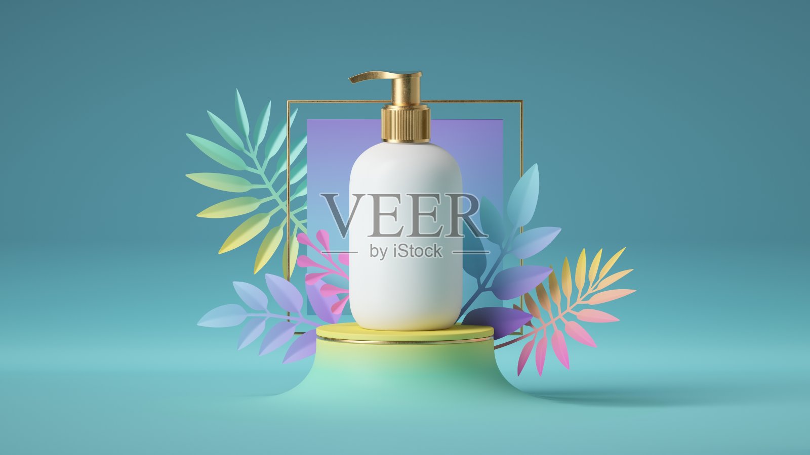 3d渲染，白色的金色瓶盖化妆品分配器在带有彩色热带树叶的方形框架前，放置在孤立在蓝色背景上的基座上。美容产品空白模型照片摄影图片
