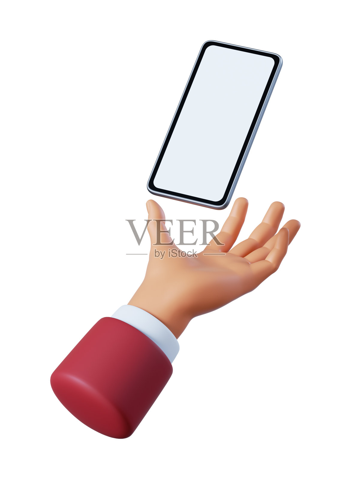 3d渲染，手握抽象移动设备在垂直位置与空白屏幕。智能手机。商业剪辑艺术孤立的白色背景照片摄影图片