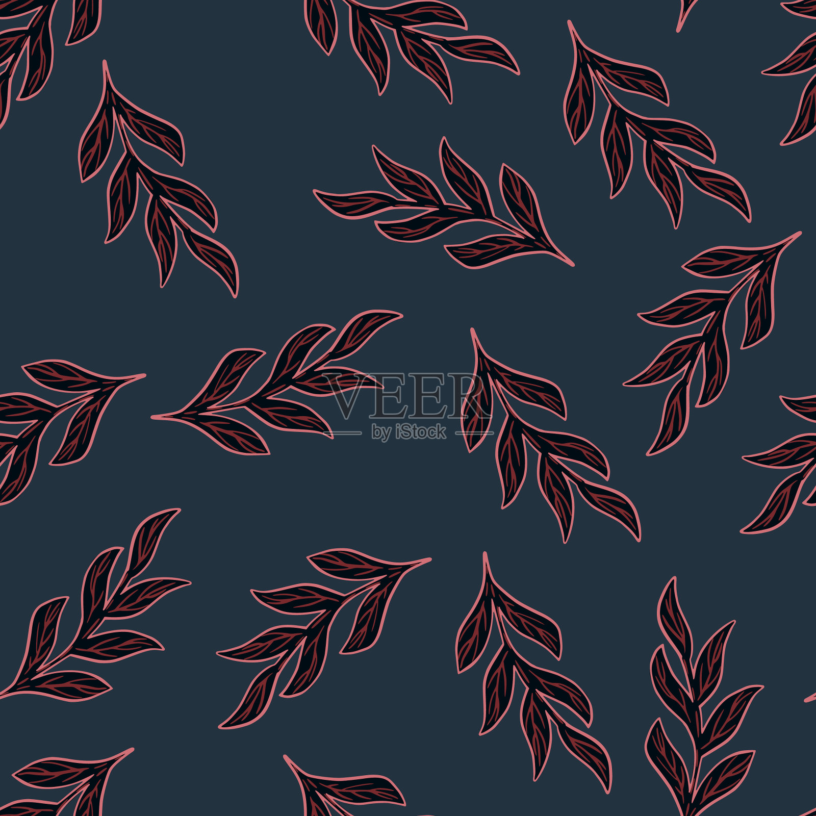 深色植物无缝图案与黑色随机插画图片素材