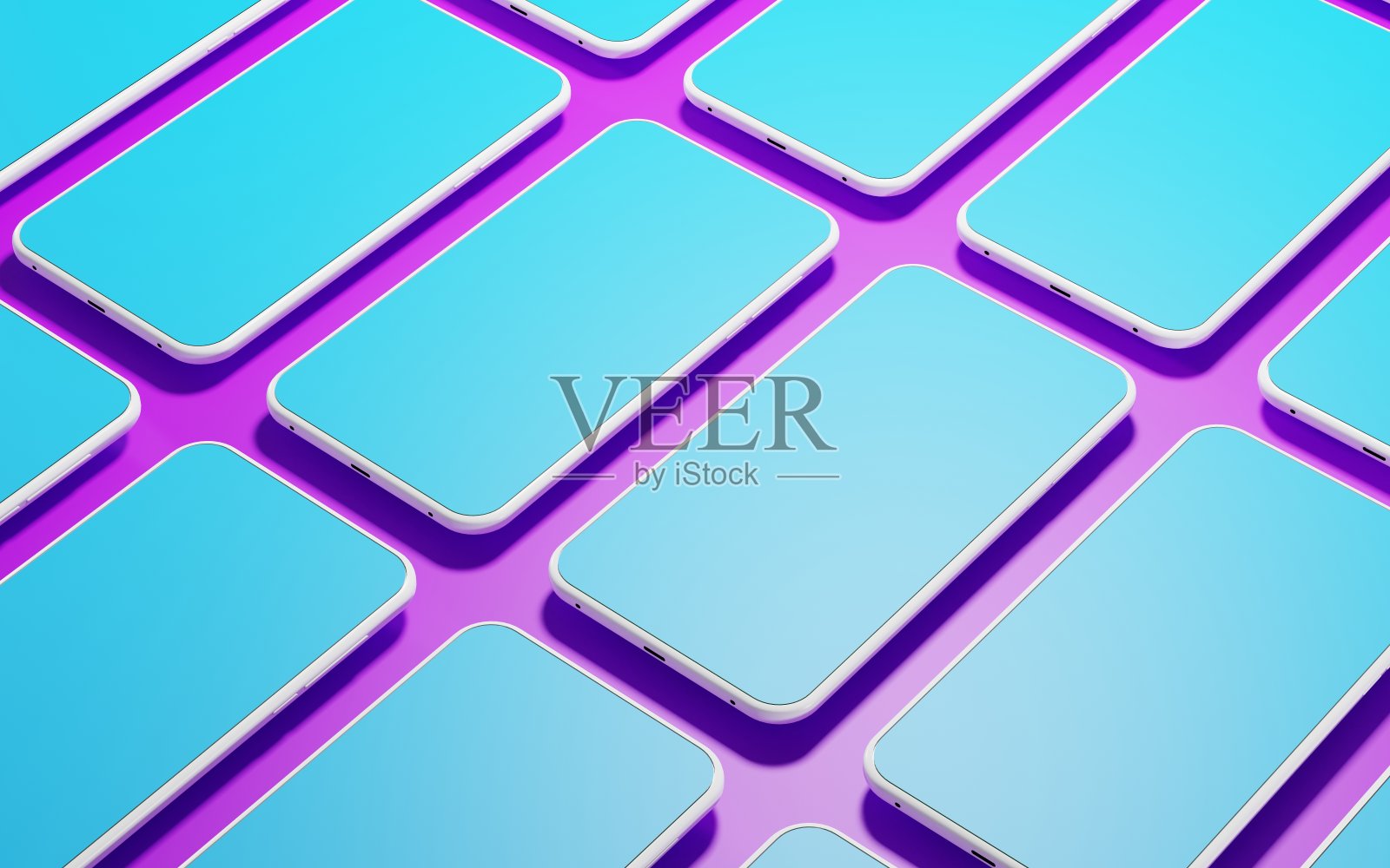 粉色屏幕黄色背景的智能手机，无缝图案。模拟手机与白色框架和空白显示。高科技生产线，输送带上的移动设备，3d绘图照片摄影图片