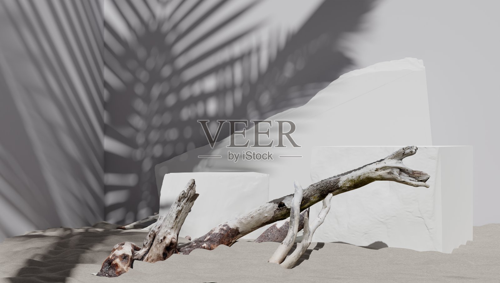 3D讲台显示集。复制空白白色背景。化妆品或美容产品促销模型。基座由石头和天然木材制成。照片摄影图片