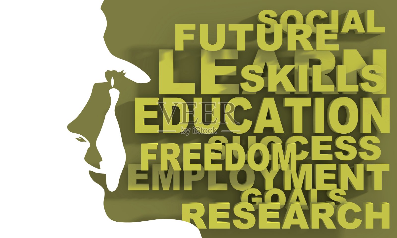 一个女性头像的剪影和教育字云。照片摄影图片