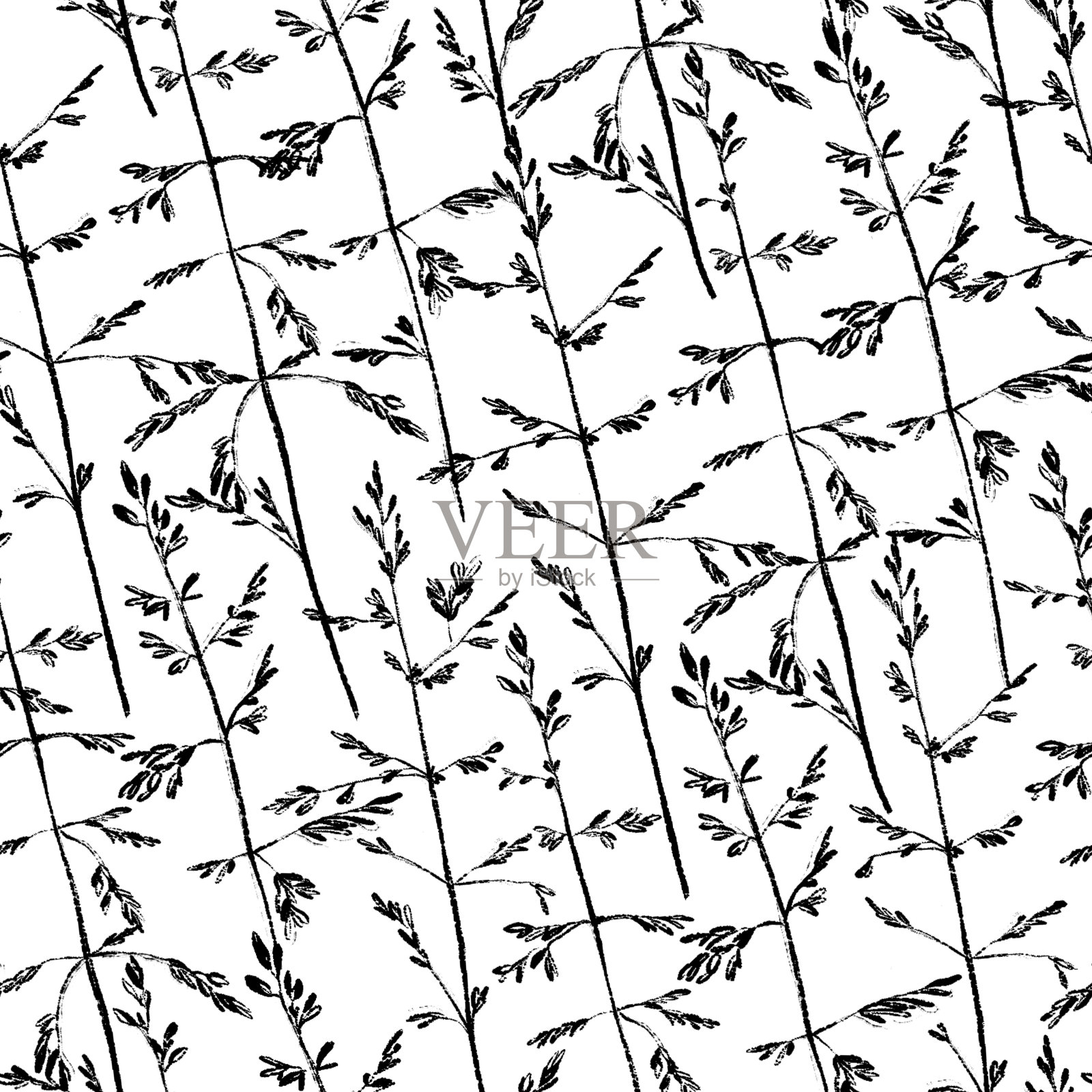 黑白无缝图案配合线条艺术野草插画图片素材
