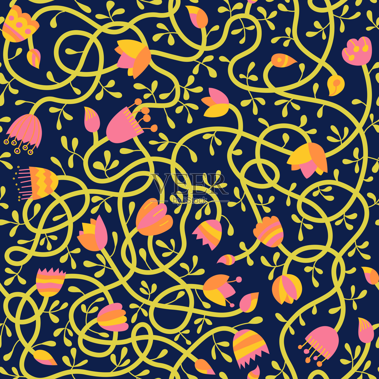在深色背景上的无缝花图案。矢量插图错综复杂的鲜花和植物为明信片，邀请插画图片素材