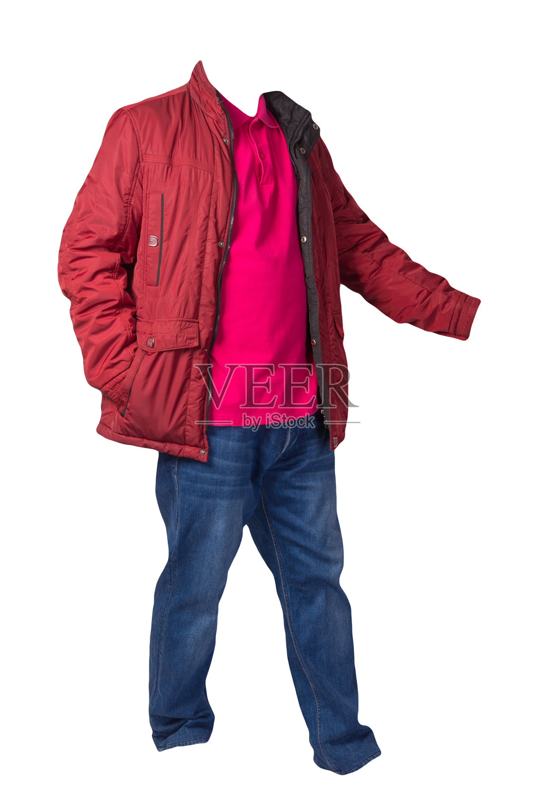 夹克，衬衫和蓝色牛仔裤孤立在白色背景。休闲时尚服装照片摄影图片