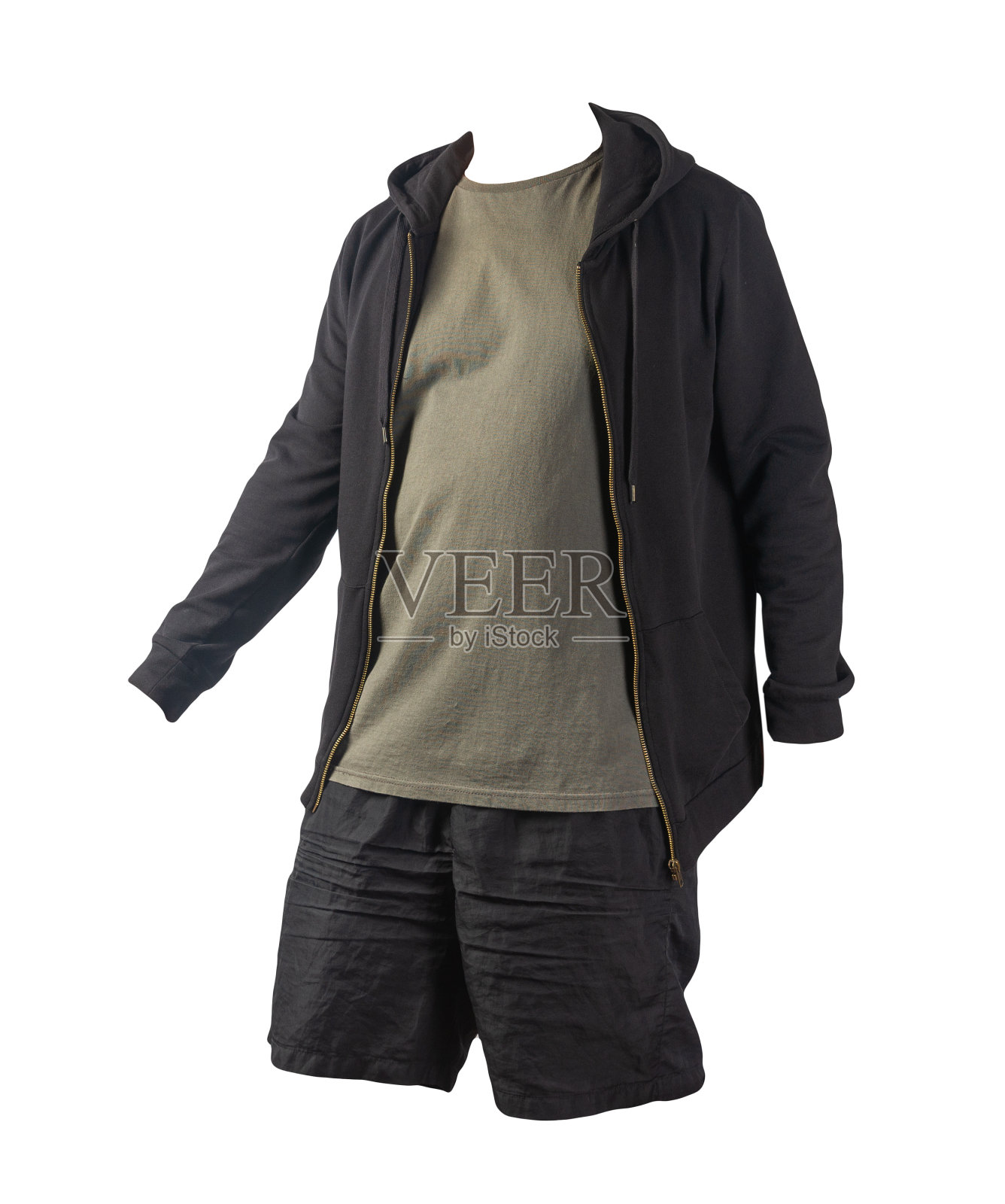 运动衫与铁拉链帽衫，t恤和运动短裤孤立的白色背景。照片摄影图片